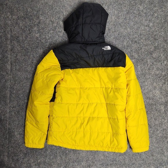 The North Face Quilted Puffer Full Zip Jacket Men M Yellow Black Hooded Lined - Picture 2 of 6